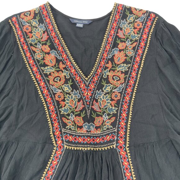 American Eagle Women Black Boho Embroidered 3/4 Sleeve Peasant Crop Blouse SZ XS - Picture 7 of 10